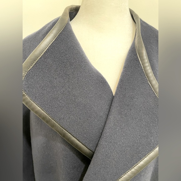 Elie Tahari Faux Leather-Trimmed Cashmere Wool Blend Wrap Coat Navy XL Womens - Picture 10 of 15